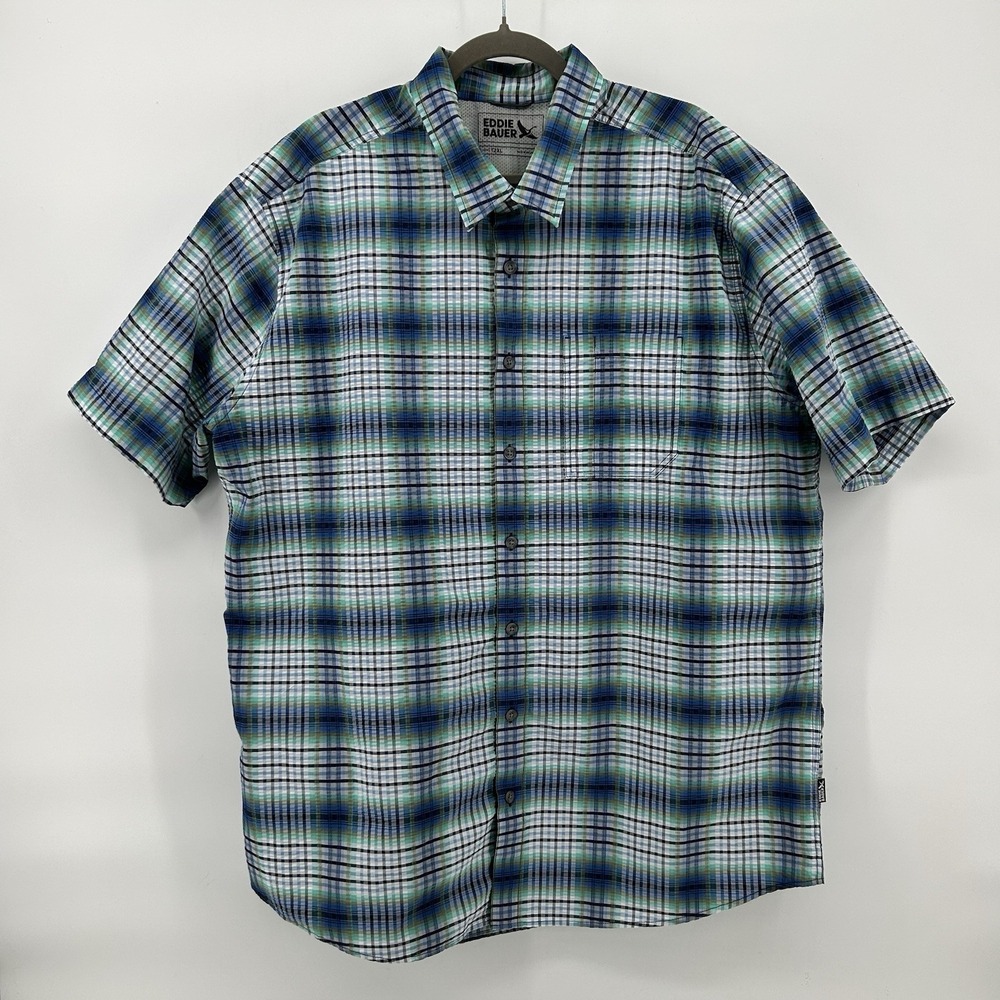 Eddie Bauer Shirt Mens 2XL Tall Sea Green Plaid Outdoor Hiking Performance Camp